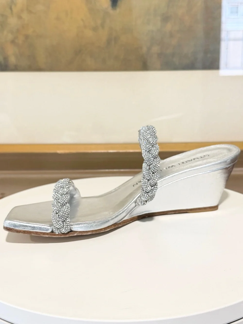 🌹STUART WEITZMAN🌹 Highshine Crystal Braid Wedge Sandals In Silver Size: 5.5 B - Picture 3 of 16